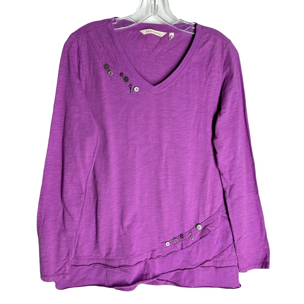 Soft Surroundings Top Size XS Fuchsia V-Neck Layers Buttons Keys Embellished